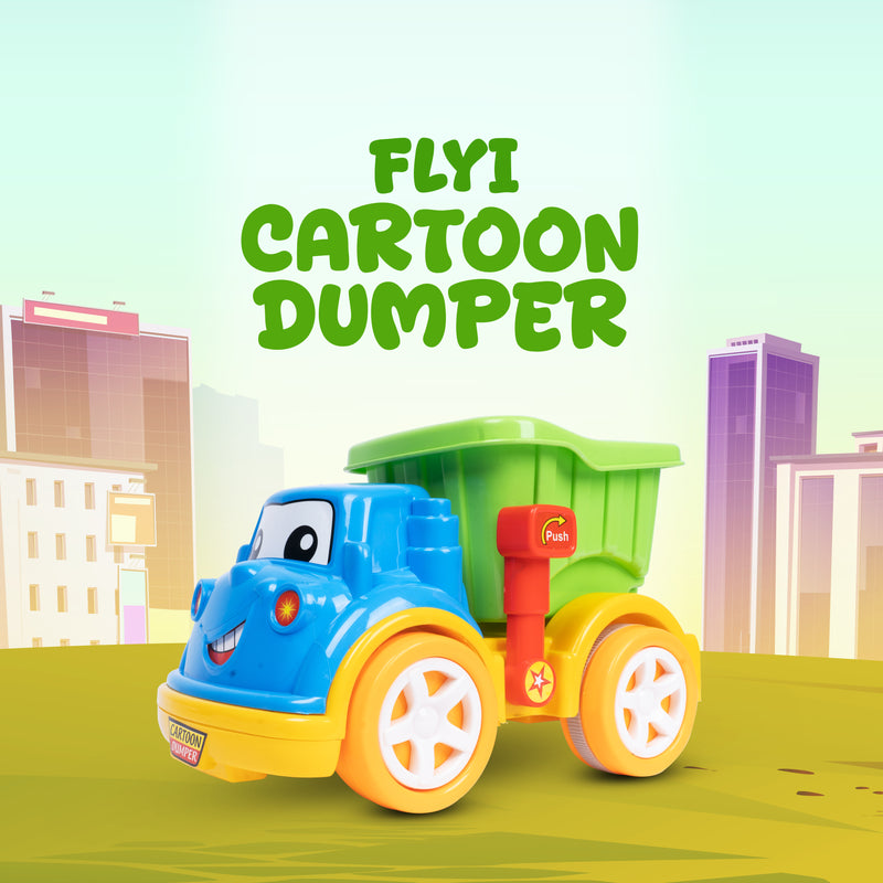FLYI’s Heavy Duty Cartoon Dumper Truck for Kids Friction Powered Treasure Toys for Ages 2+ Years