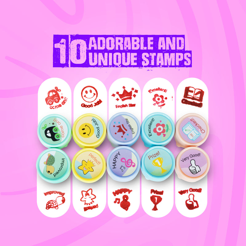 Premium Emoji Stamp Set for Kids – 10 Self-Inking Stamps with Washable Ink & Carry Case