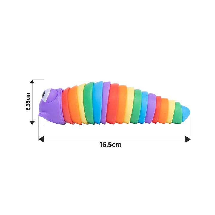 A rainbow-colored segmented caterpillar toy with a purple head and blue tail, shown on a white background with dimension lines indicating 16.5 cm length and 6.