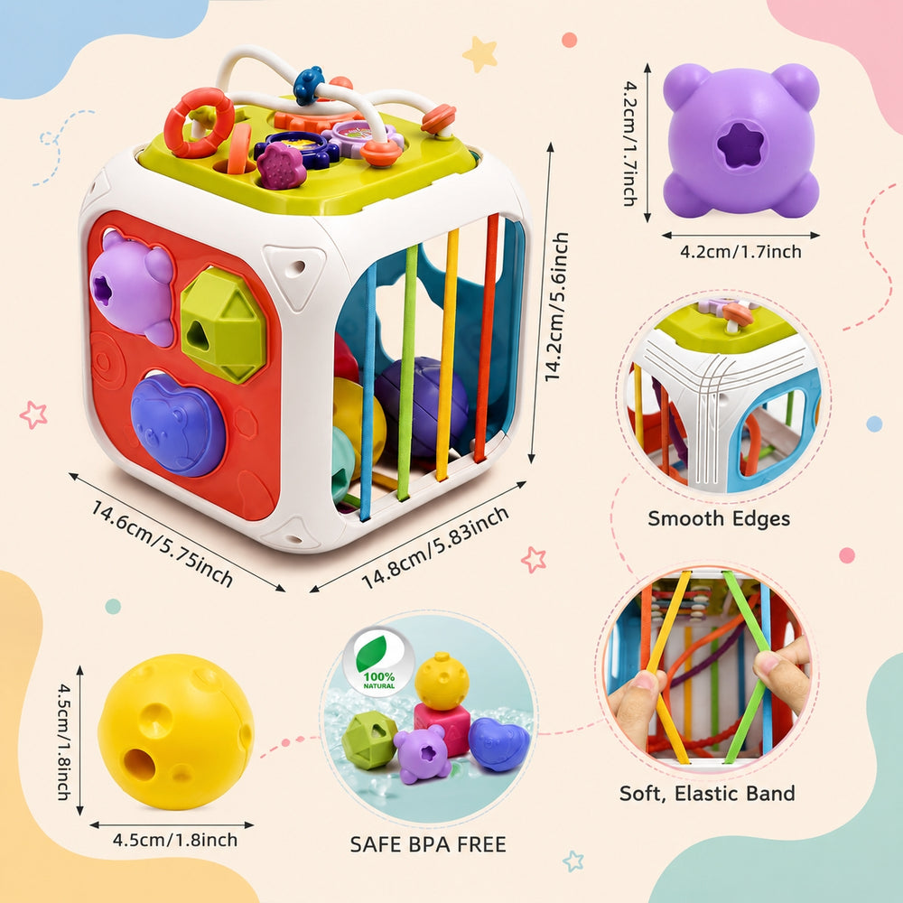 FLYI 7-in-1 sensory activity cube for babies an activity toys, available online.
