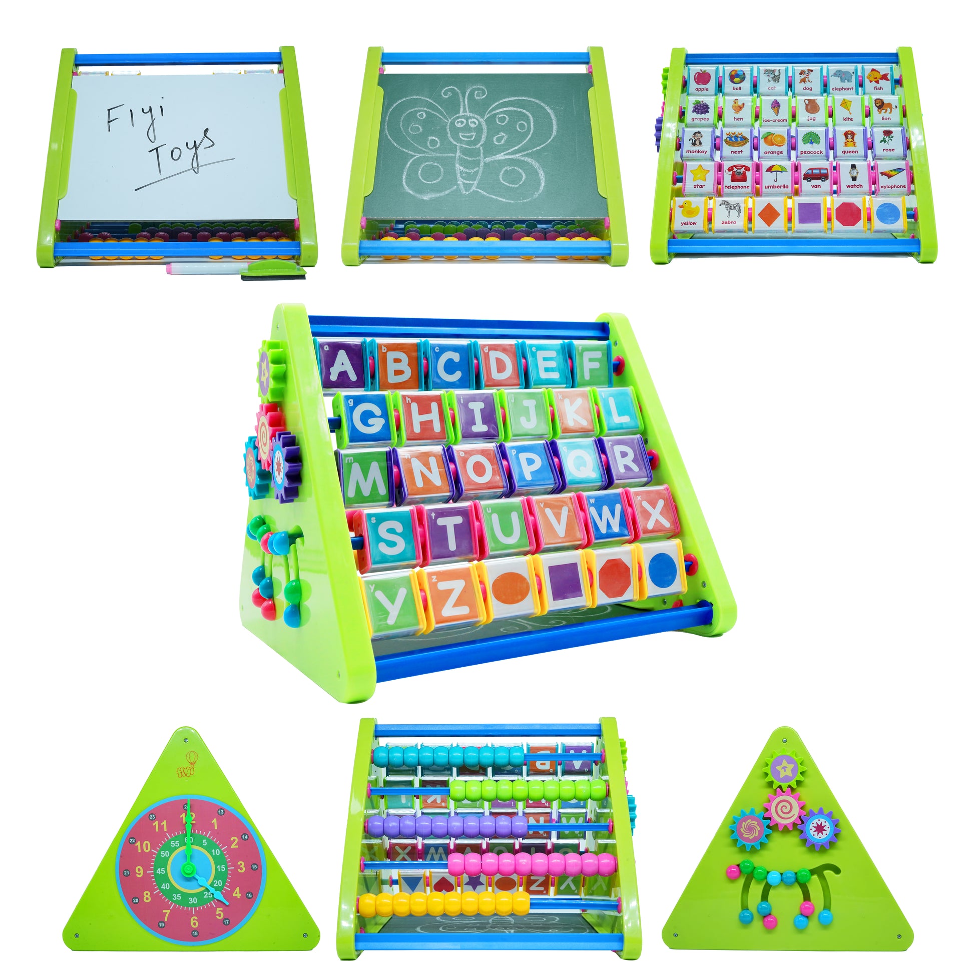 8-in-1 Activity Triangle Learning Toy | Learn Alphabets, Time & Movement with Abacus, Drawing Writing Board, Alphabet Blocks, Clock & Gears