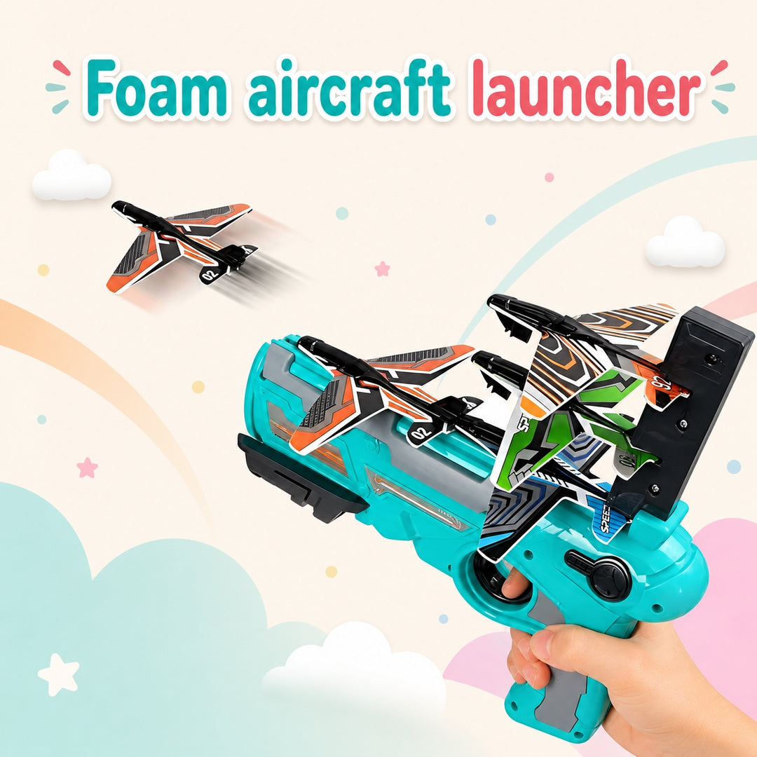 Kids using FLYI air fighter gun with foam aircraft launcher for creative play.