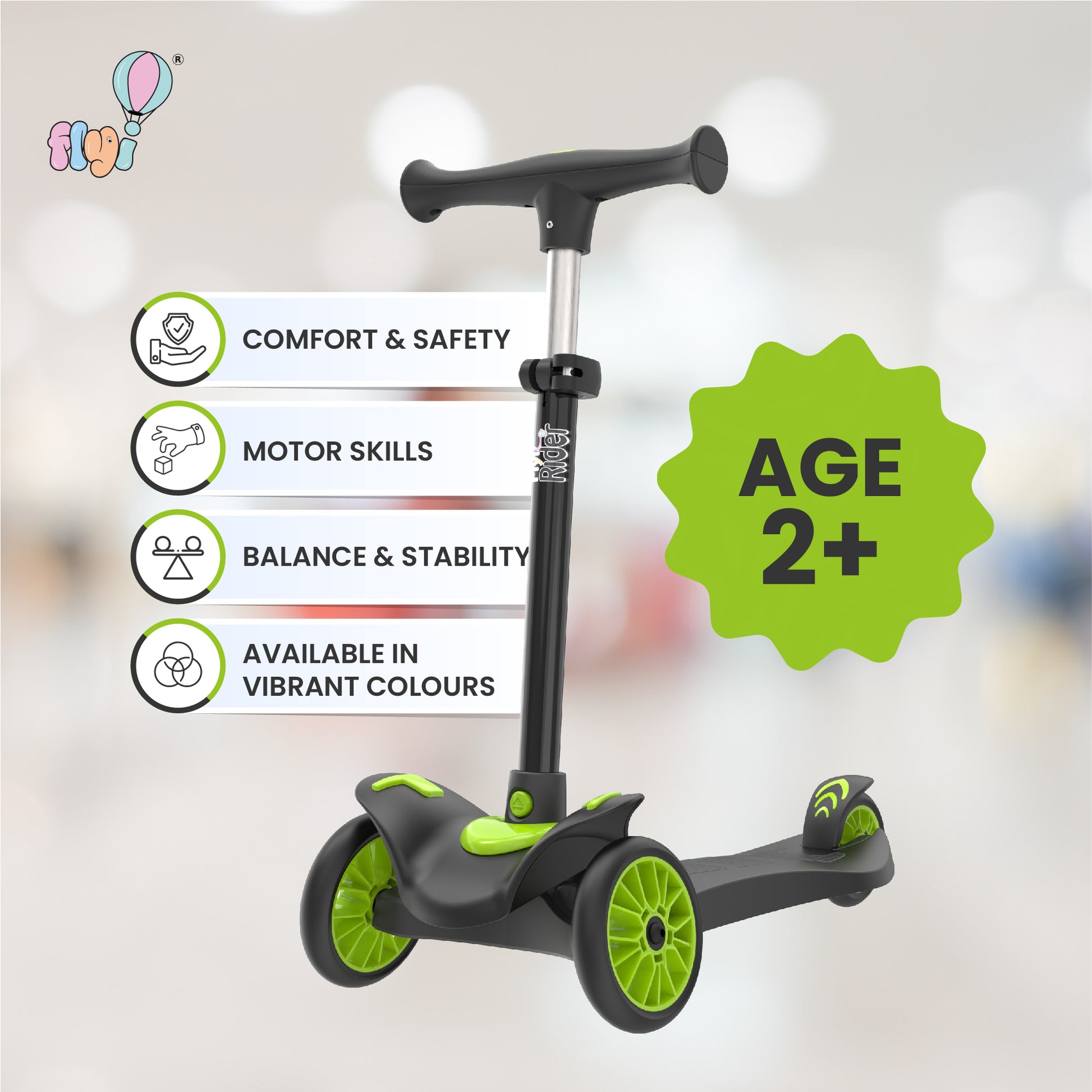 FLYI Scooter for Kids (Black-Green) - Multi-Level Height Adjustment, Wide Brakes, Lightweight.