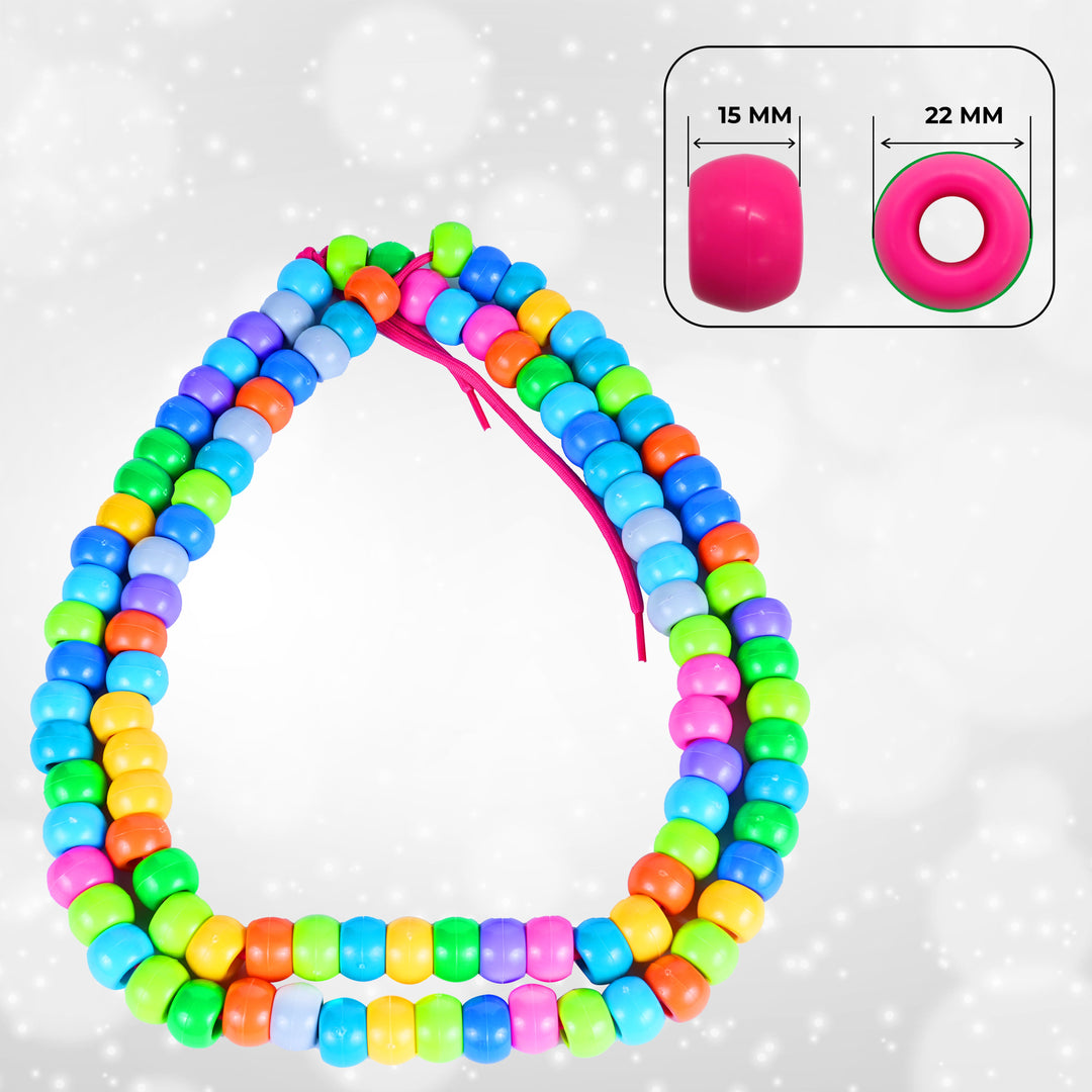 A multicolor beaded necklace made of small round plastic beads in bright rainbow shades, arranged in two overlapping strands on a light gray sparkly background. An inset at the top right shows cross-sections of the beads: one pink bead labeled 15 MM and one pink ring-shaped bead labeled 22 MM.