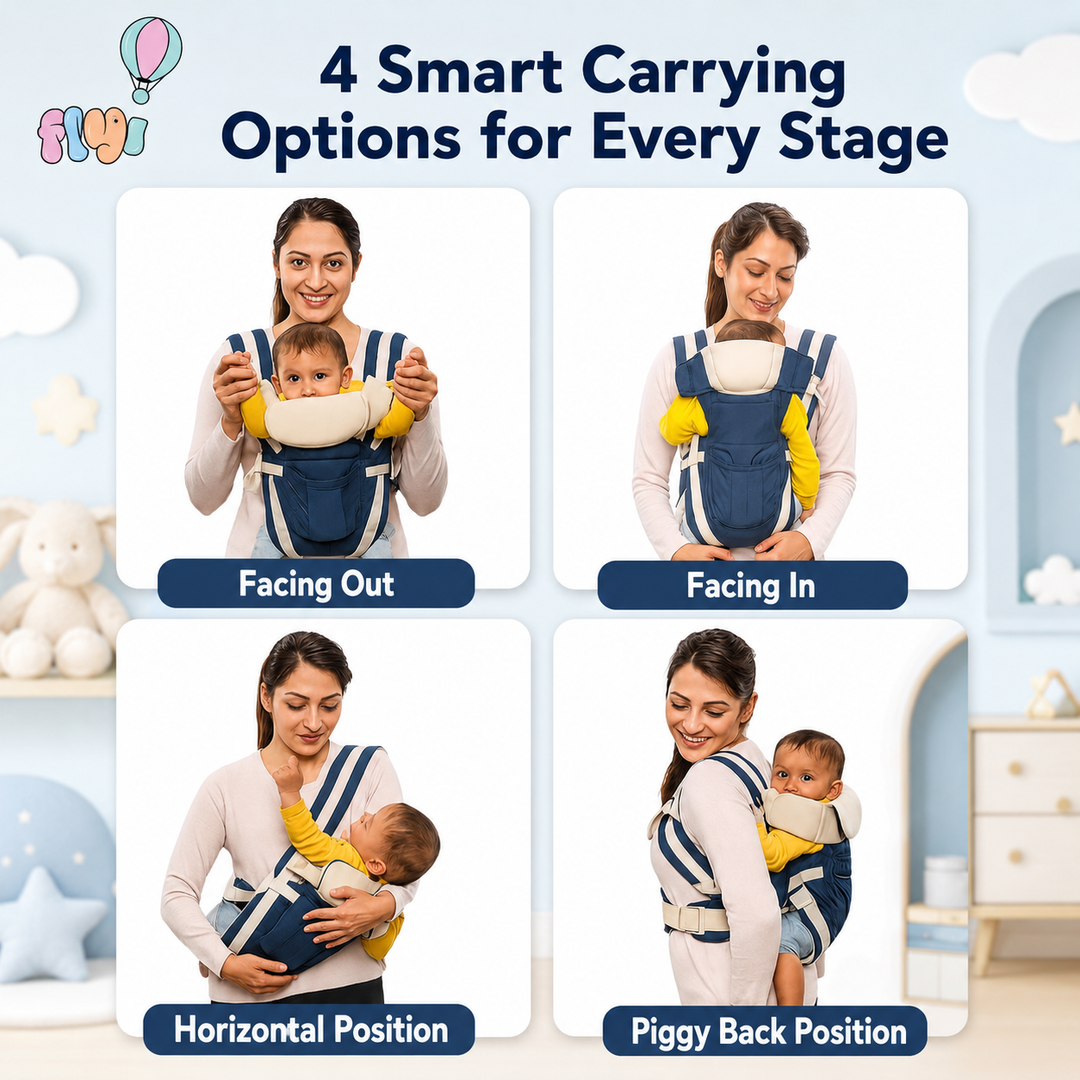 Promotional graphic showing a woman demonstrating a baby carrier in four positions: Facing Out, Facing In, Horizontal Position, and Piggy Back Position. The image includes text reading '4 Smart Carrying Options for Every Stage' and has a soft pastel nursery background.