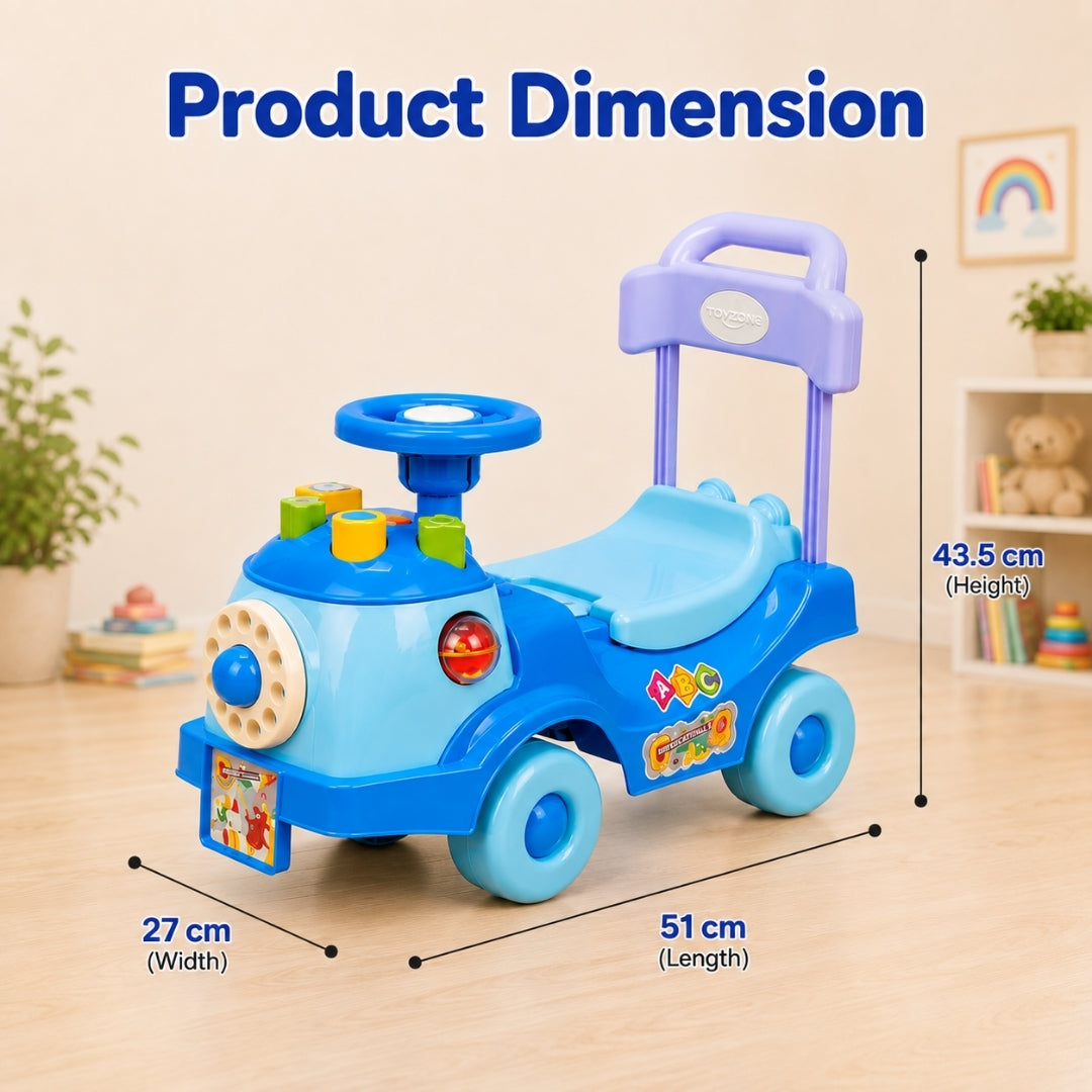 Blue and light blue children's ride-on toy car with a purple handle, shown with overlaid dimension lines and text indicating width 27 cm, length 51 cm, and height 43.5 cm on a light wood floor.
