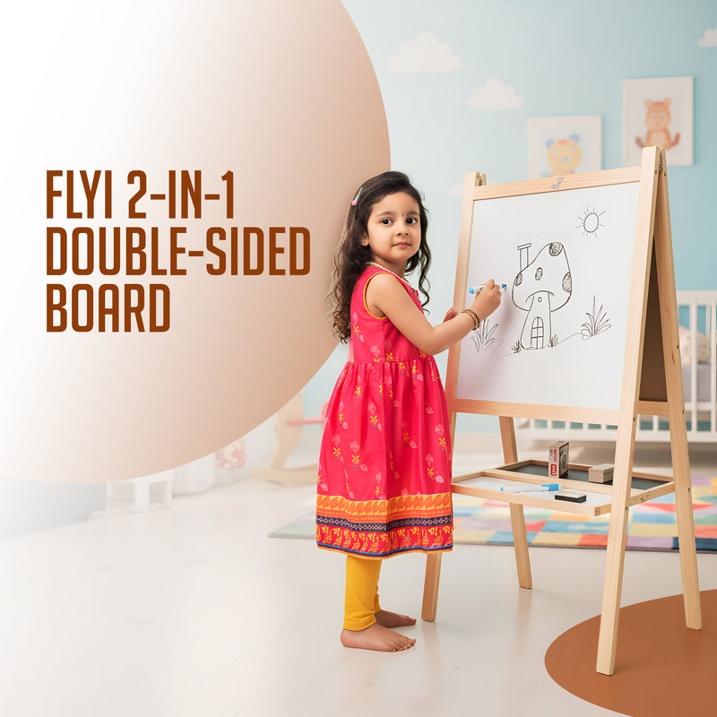 2 in 1 Wooden White Dry Erase Easel Board and Chalkboard with Marker, Duster & Chalk | Standing Easel Board for Kids | Writing Board for Kids | H40CM*L79CM | Educational Toy
