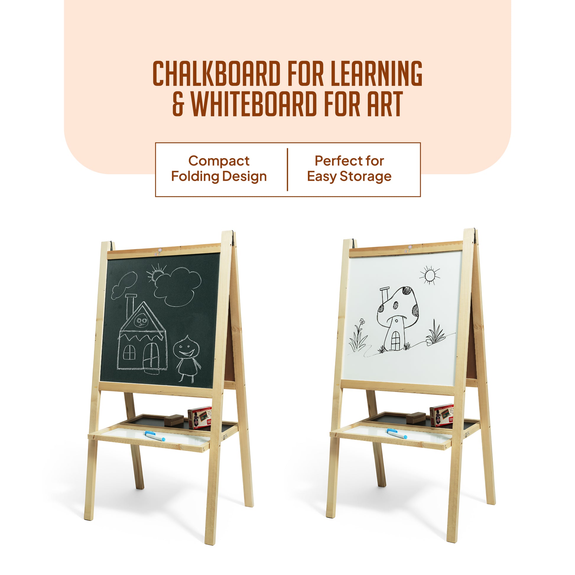 2 in 1 Wooden White Dry Erase Easel Board and Chalkboard with Marker, Duster & Chalk | Standing Easel Board for Kids | Writing Board for Kids | H40CM*L79CM | Educational Toy