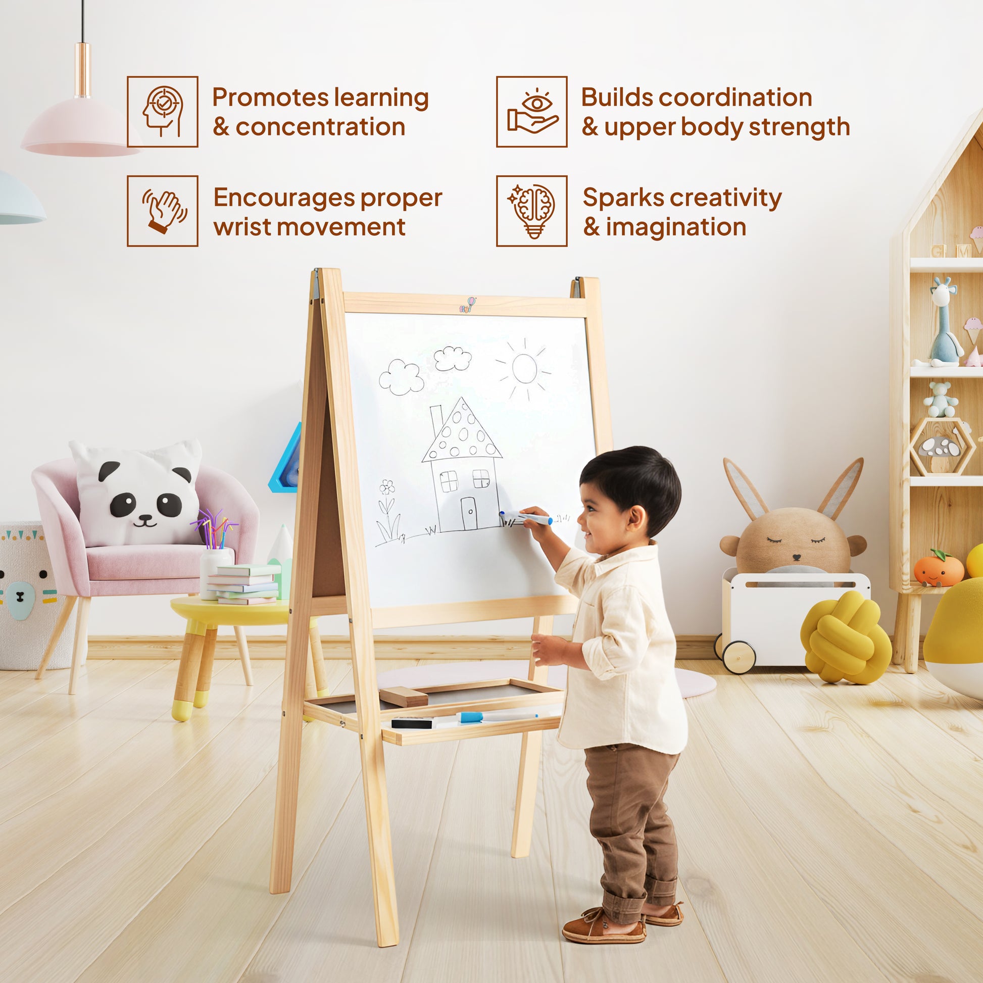 2 in 1 Wooden White Dry Erase Easel Board and Chalkboard with Marker, Duster & Chalk | Standing Easel Board for Kids | Writing Board for Kids | H40CM*L79CM | Educational Toy