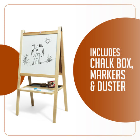 2 in 1 Wooden White Dry Erase Easel Board and Chalkboard with Marker, Duster & Chalk | Standing Easel Board for Kids | Writing Board for Kids | H40CM*L79CM | Educational Toy