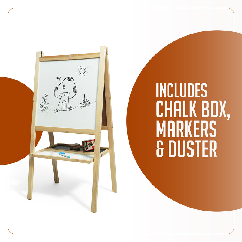 2 in 1 Wooden White Dry Erase Easel Board and Chalkboard with Marker, Duster & Chalk | Standing Easel Board for Kids | Writing Board for Kids | H40CM*L79CM | Educational Toy