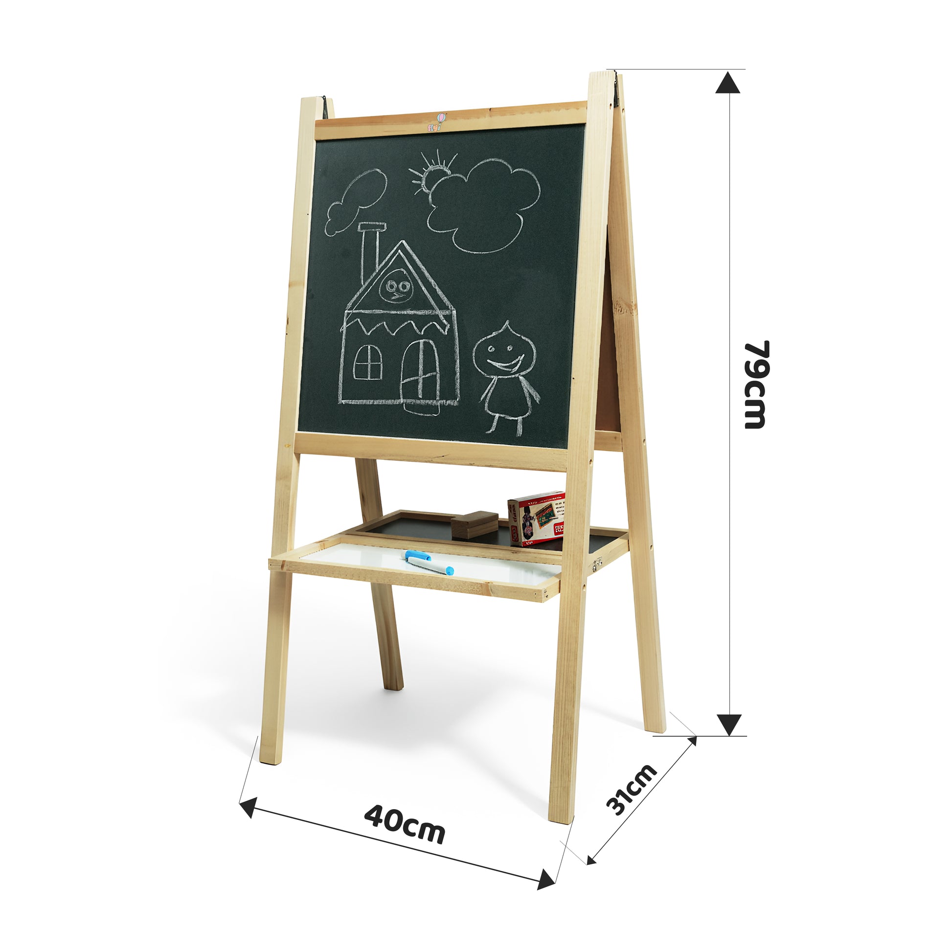 2 in 1 Wooden White Dry Erase Easel Board and Chalkboard with Marker, Duster & Chalk | Standing Easel Board for Kids | Writing Board for Kids | H40CM*L79CM | Educational Toy