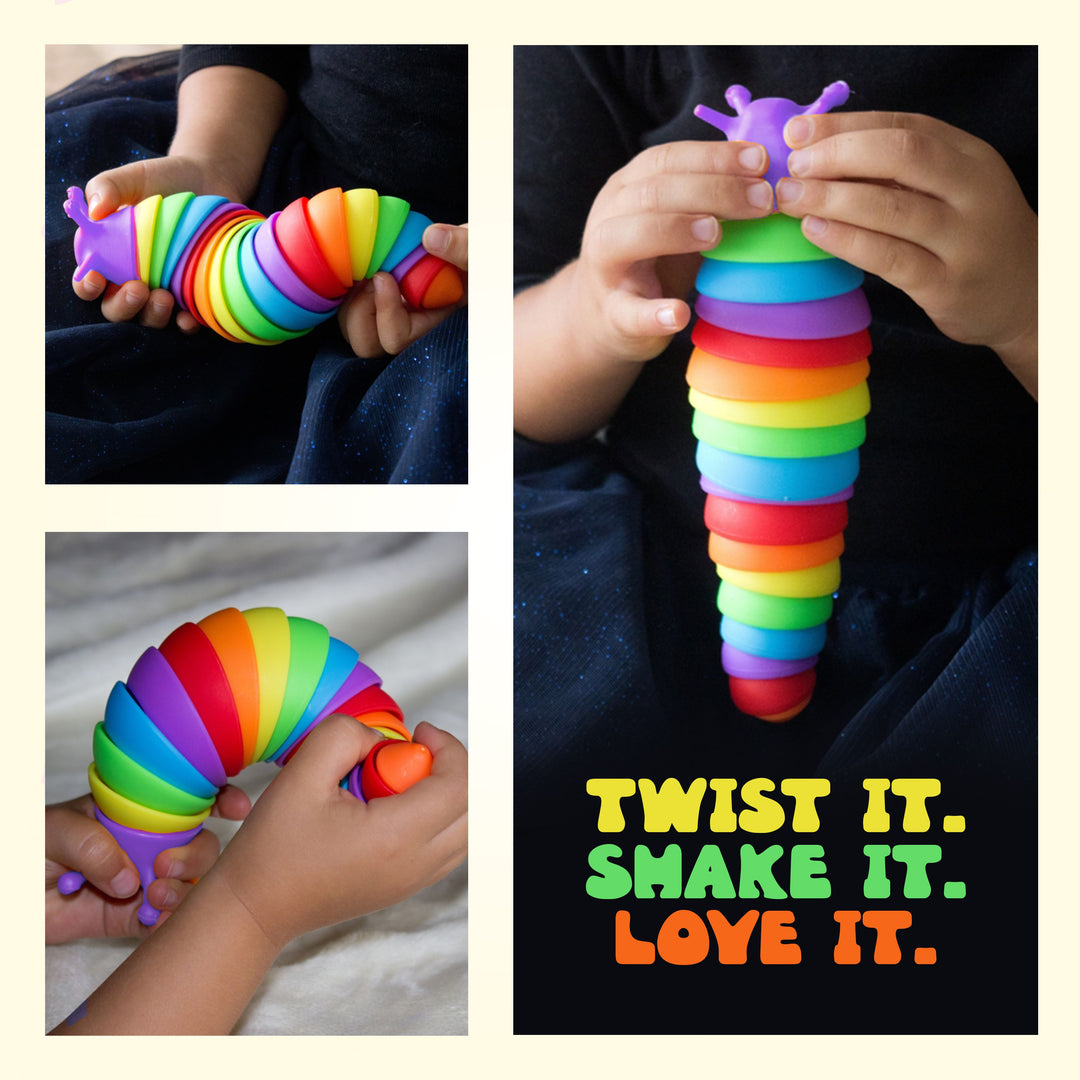 A collage showing a rainbow segmented squishy toy shaped like a caterpillar being held and squeezed by a child. The right panel includes the text 'TWIST IT.