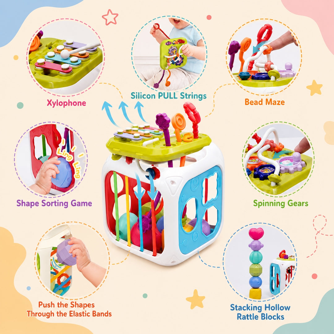 FLYI 7-in-1 sensory activity cube for babies suitable for kids aged 1-2.
