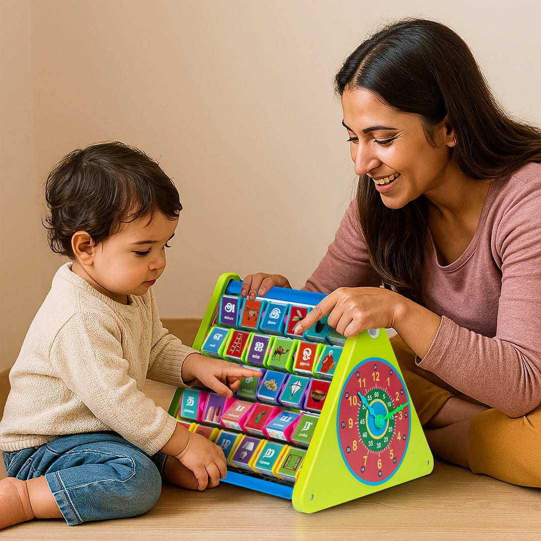 Woman and child playing with a colorful educational toy on a wooden floor.