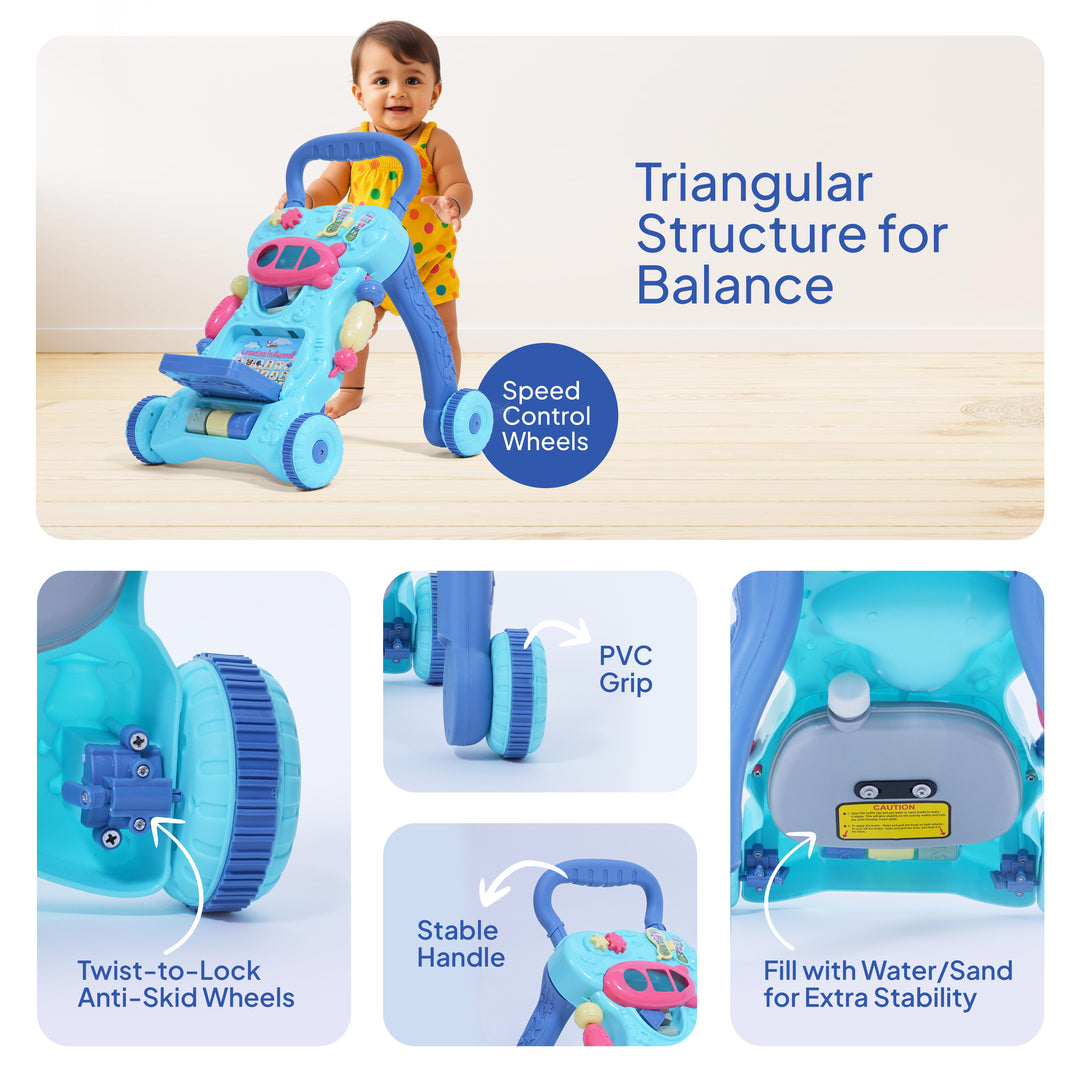 Baby walker with sensory busy board activities