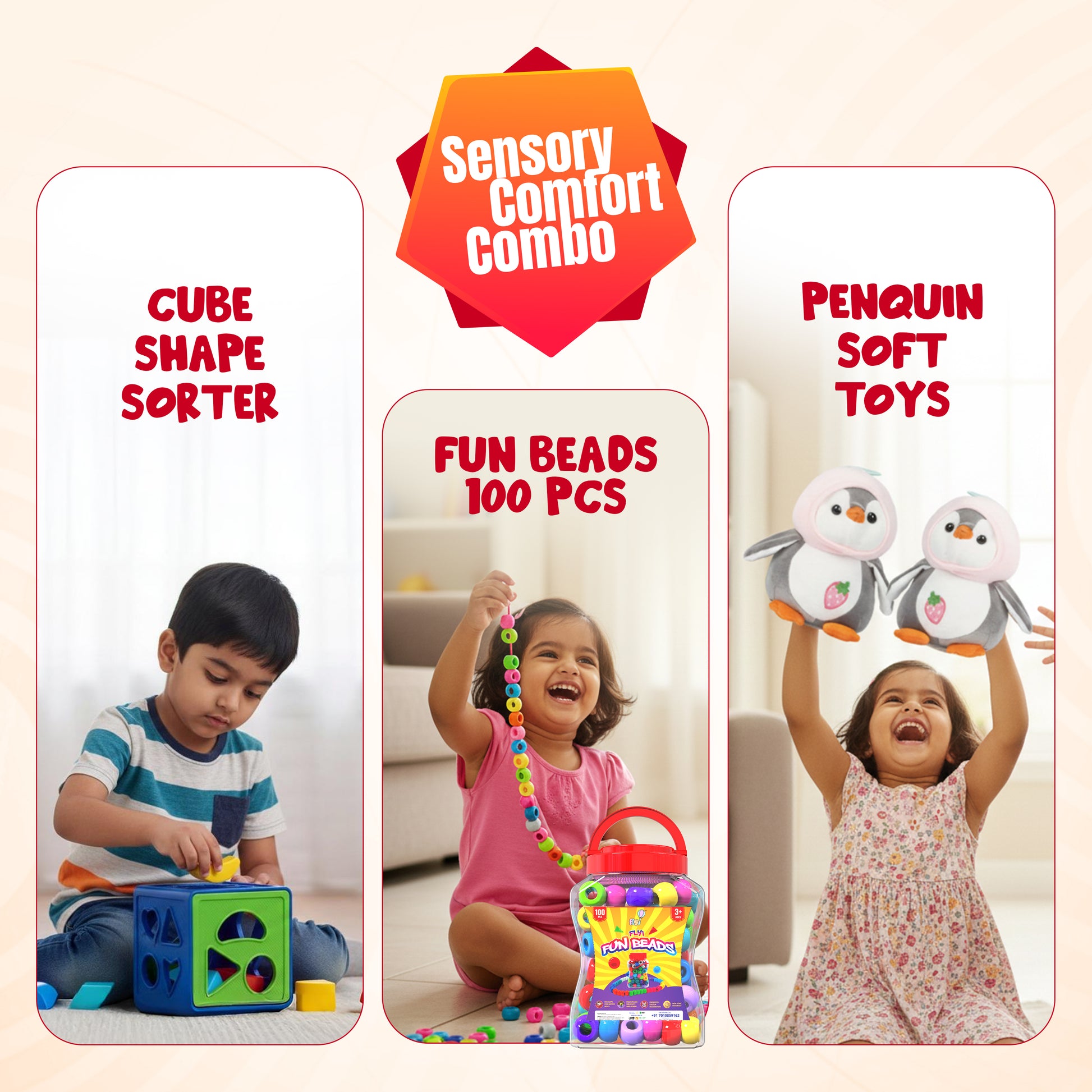 FLYI Combo Set of 100 Beads, Shape Square & Penguin Soft Toy