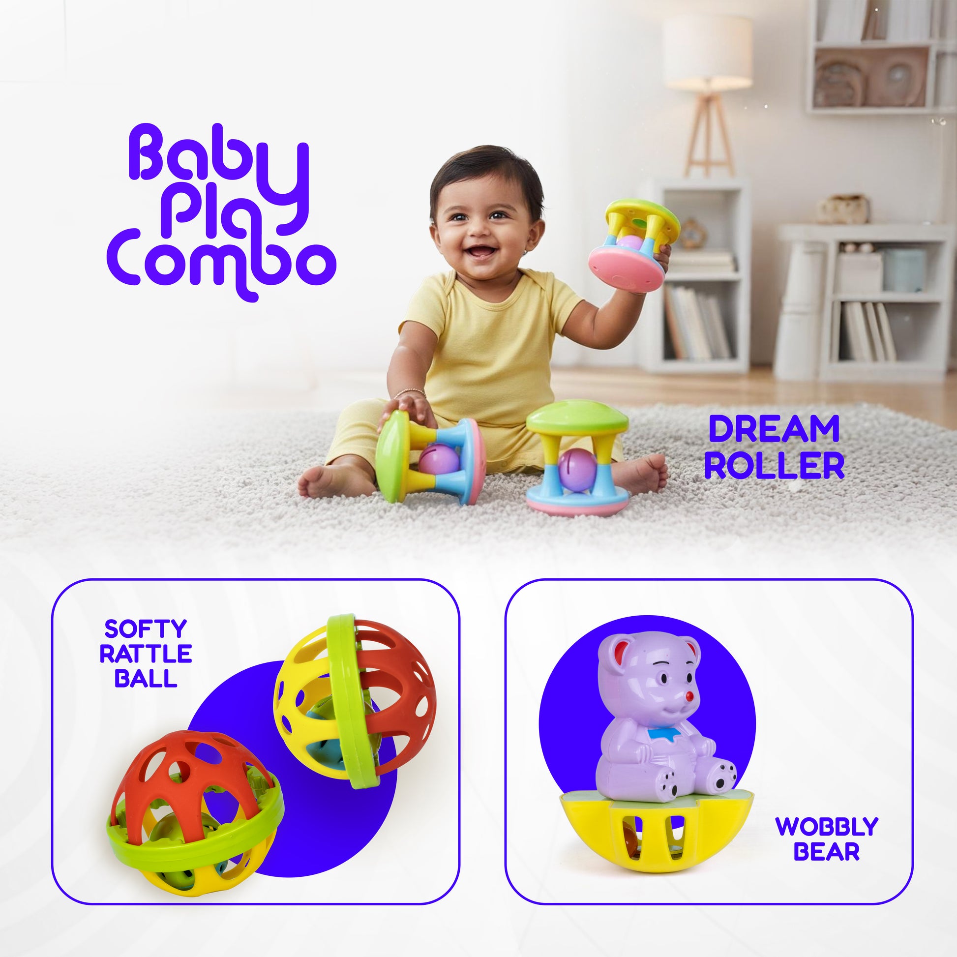 FLYI Dream Roller, Softy Rattle & Wobbly Bear Combo