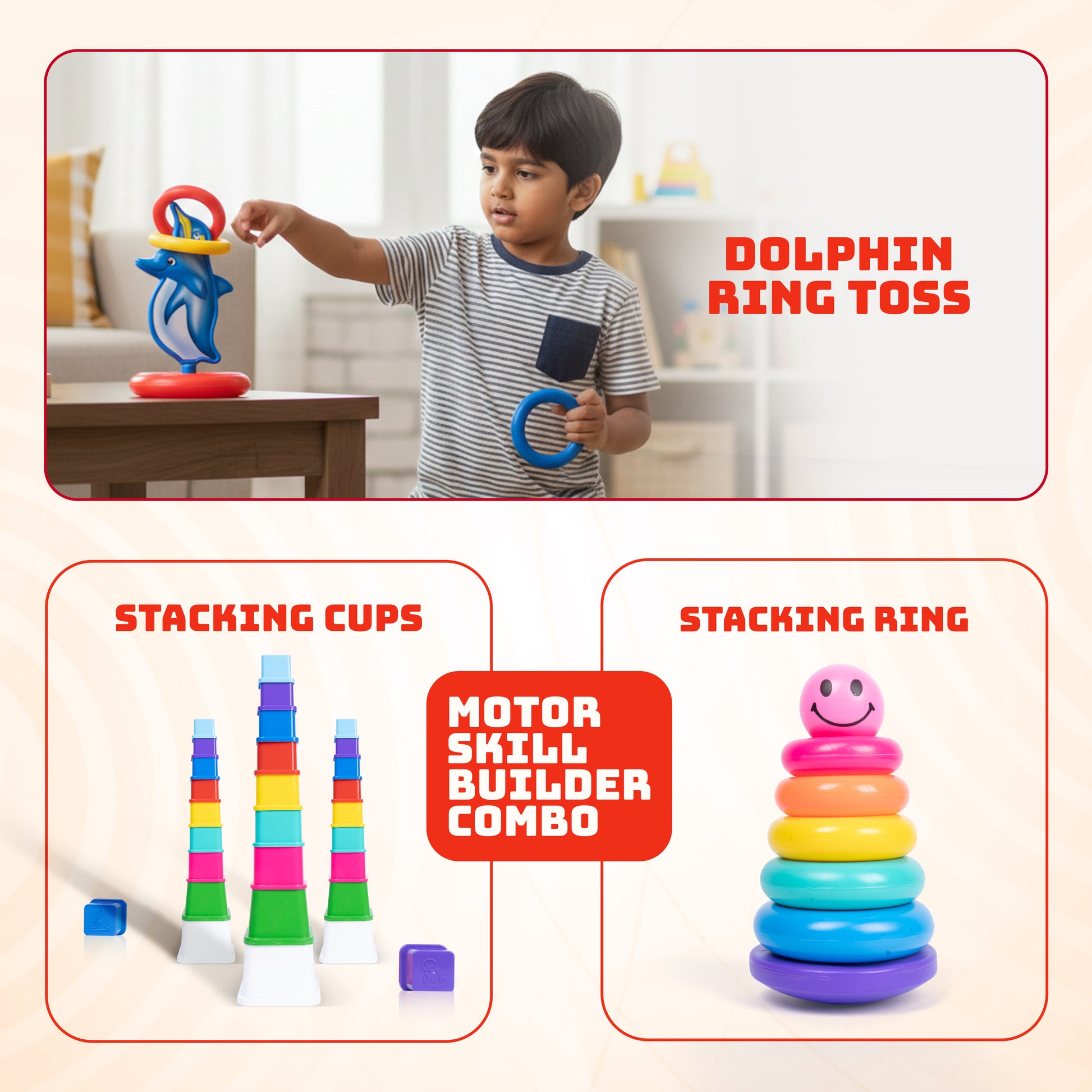 FLYI's 3-in-1 Activity Combo - Stacking Cup, Stacking Ring & Dolphin Ring Toss