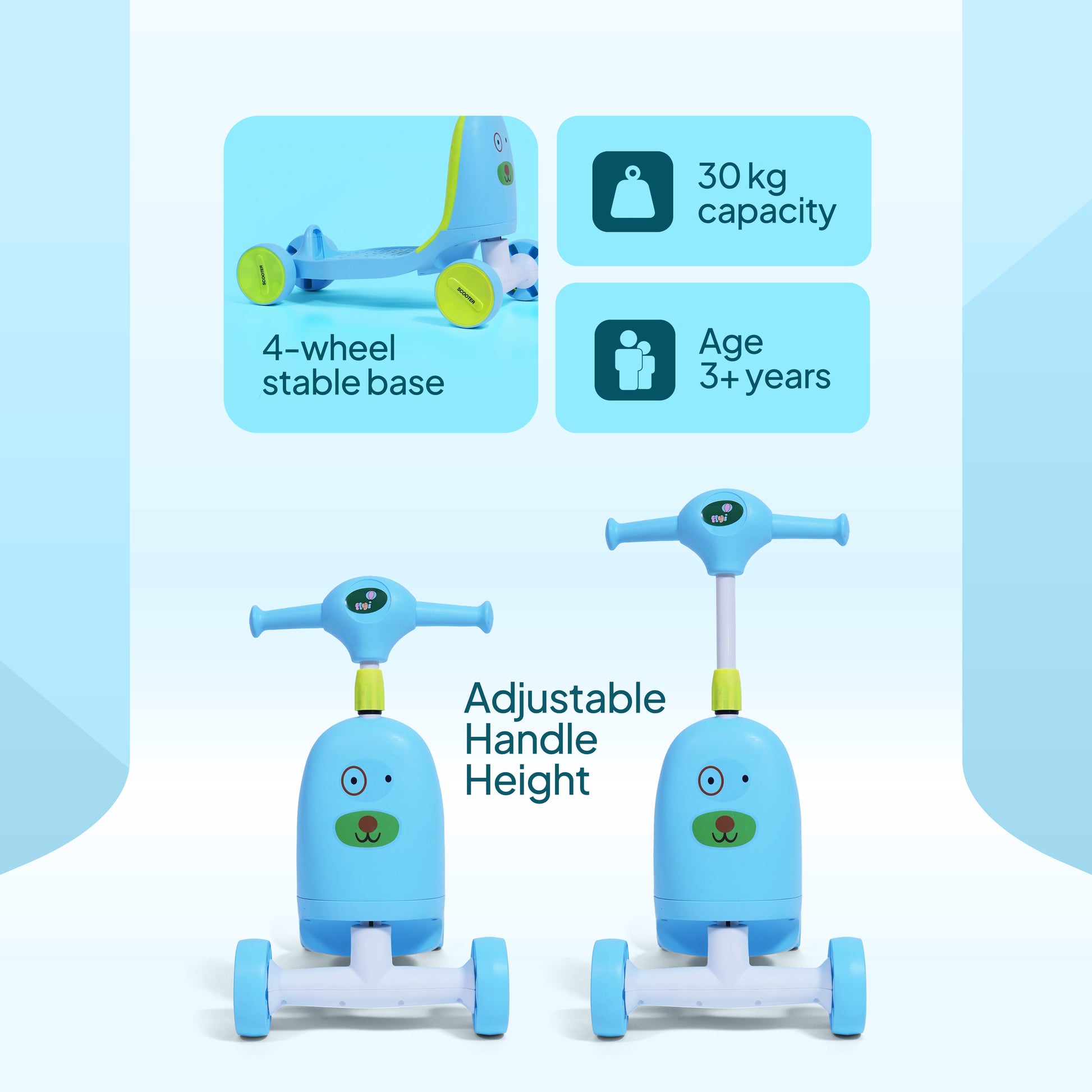 Boy riding blue and green 2 in 1 kids scooter