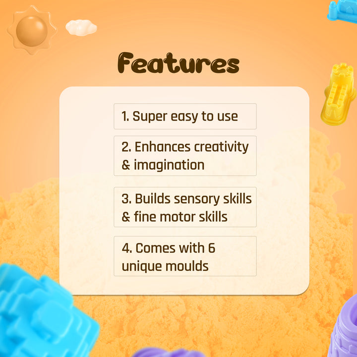 List of features on a colourful background with FLYI toy moulds.