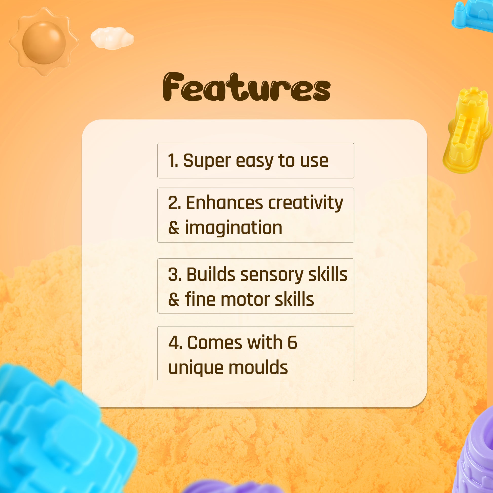 Flyi Kinetic Sand for Kids – Non-Toxic Sensory Play Sand with 6 Moulds for Boys & Girls