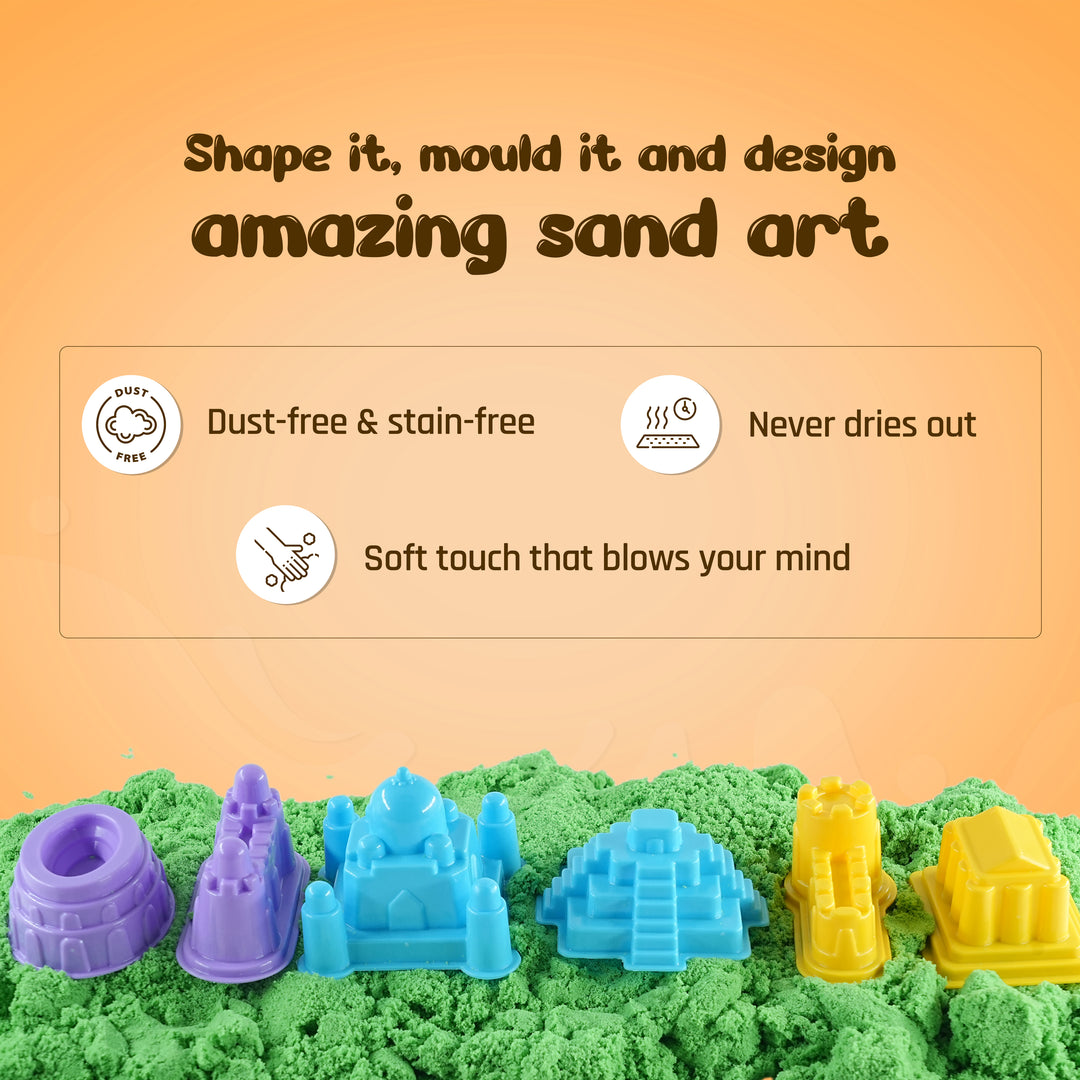 FLYI colourful sand sculptures on a green surface with an orange background and text about sand art properties.