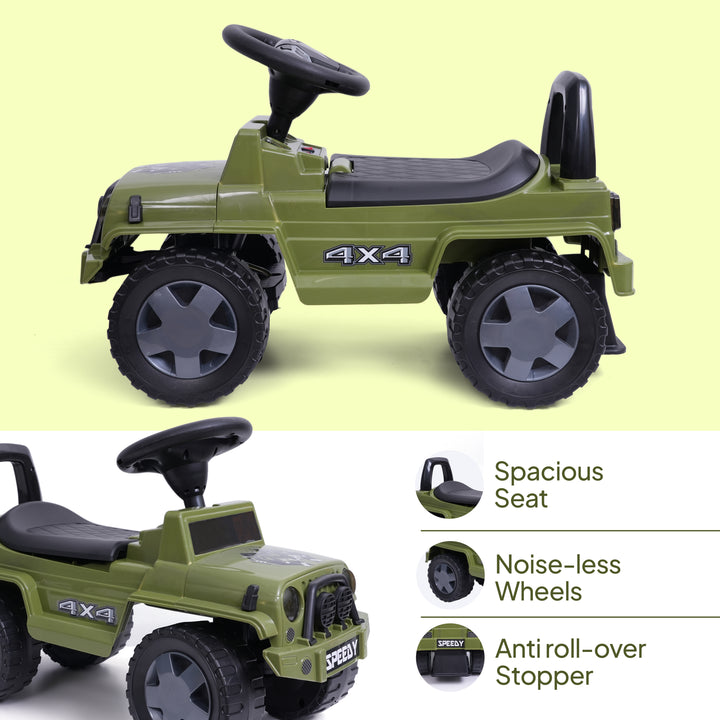 Green kids ride-on jeep toy for outdoor play