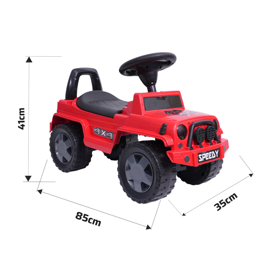 Red ride-on jeep toy for kids outdoor play