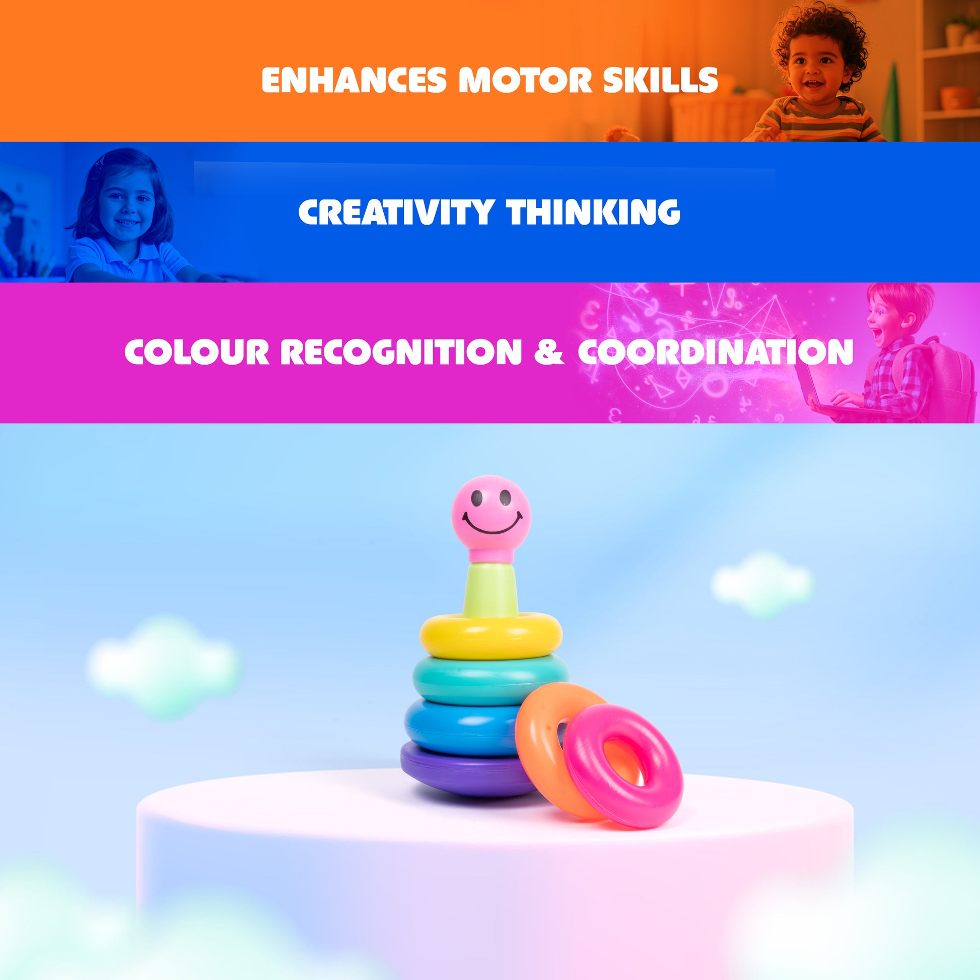 Smiley Stacking Rings Toy – 5 Colorful Rings for Toddlers | Educational & Motor Skill Development Toy