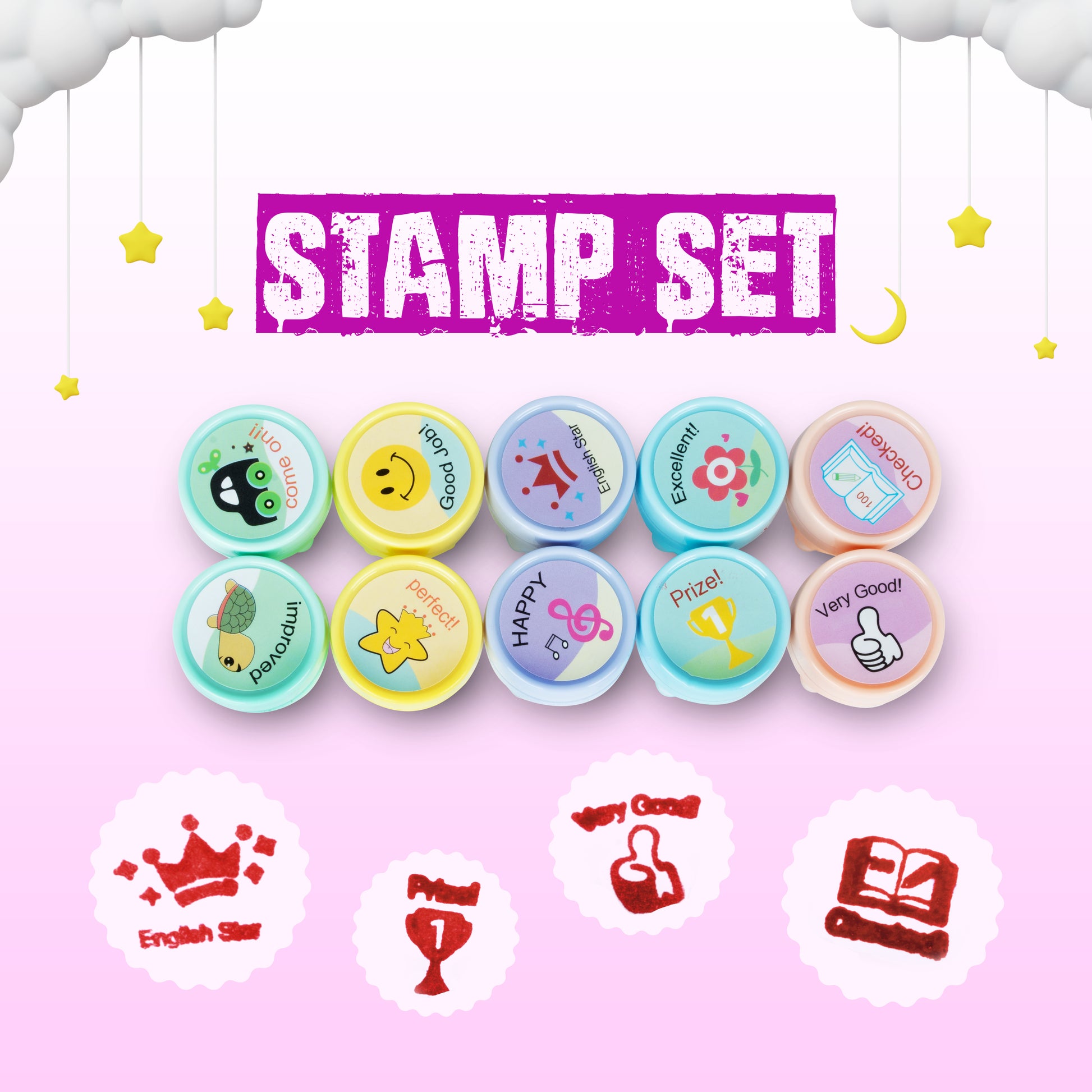 Premium Emoji Stamp Set for Kids – 10 Self-Inking Stamps with Washable Ink & Carry Case