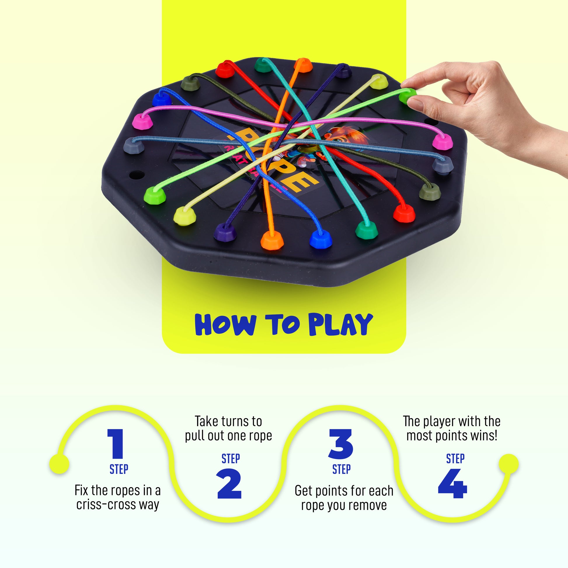 Kids playing FLYI Tangle Twister rope puzzle game with family