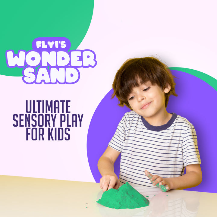 Child playing with green sand at a table, with 'Flyi's Wonder Sand' branding.
