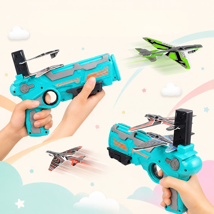 FLYI air fighter gun with foam aircraft launcher suitable for kids aged 2 to 5.