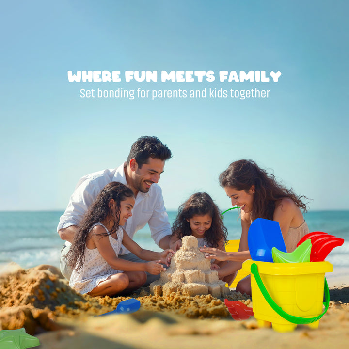 Child playing with FLYI beach play set with sand toys bucket and moulds during a hands-on activity.