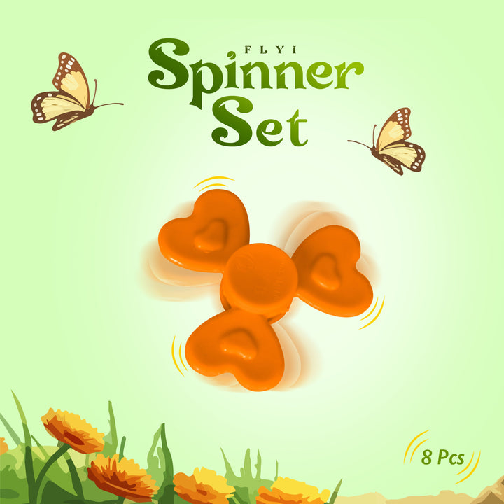 A set of four orange heart-shaped spinner beads arranged in a flower-like cluster on a light green background with butterfly and flower illustrations. Text reads 'FLY Spinner Set' and '8 Pcs'.
