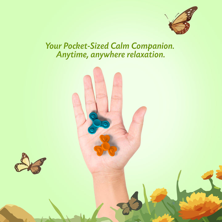 A hand holding small blue and orange fidget toys against a light green background with butterflies and flowers, plus the text 'Your Pocket-Sized Calm Companion. Anytime, anywhere relaxation.