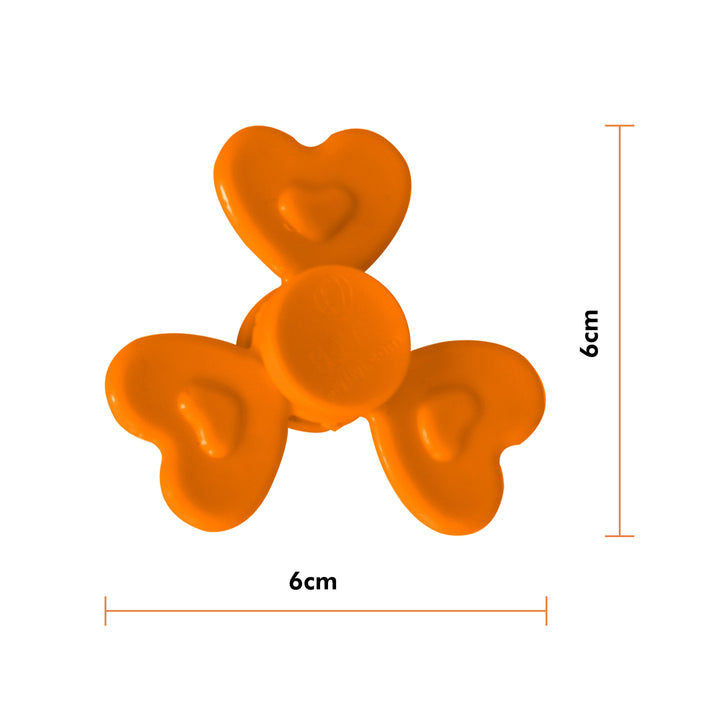 An orange three-spoke heart-shaped fidget spinner shown with dimension lines indicating a 6cm width and 6cm height on a white background.