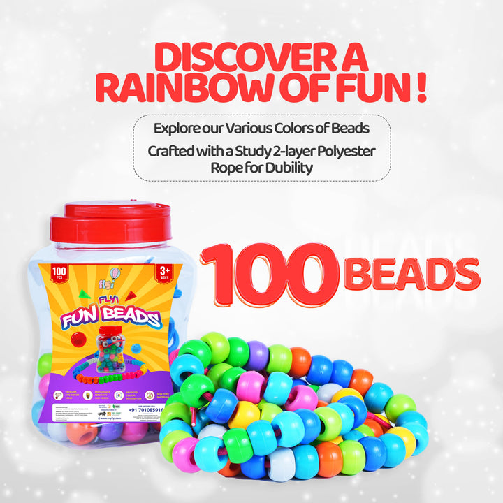 Colorful beads with packaging and text on a white background