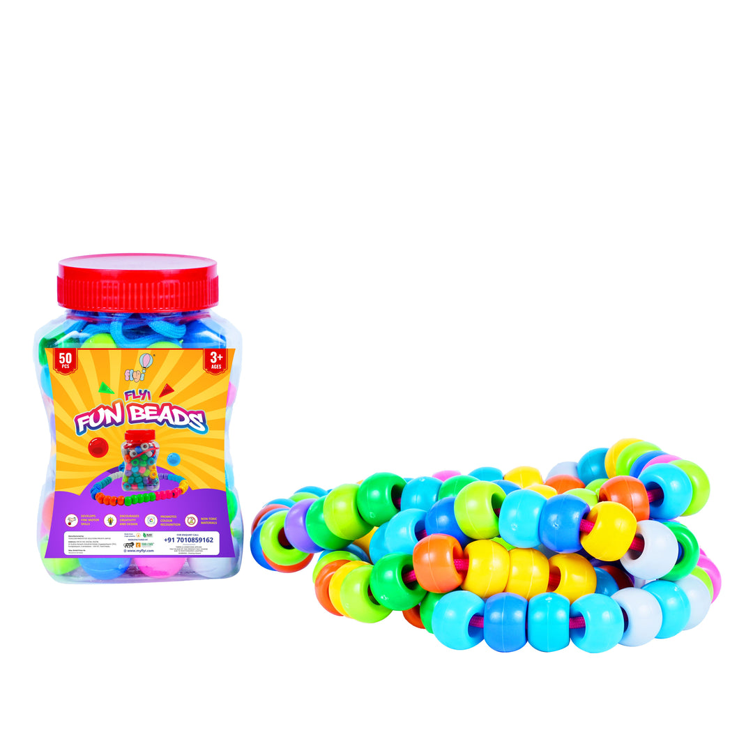 Jar of colorful Fun Beads with a bracelet made from them on a white background