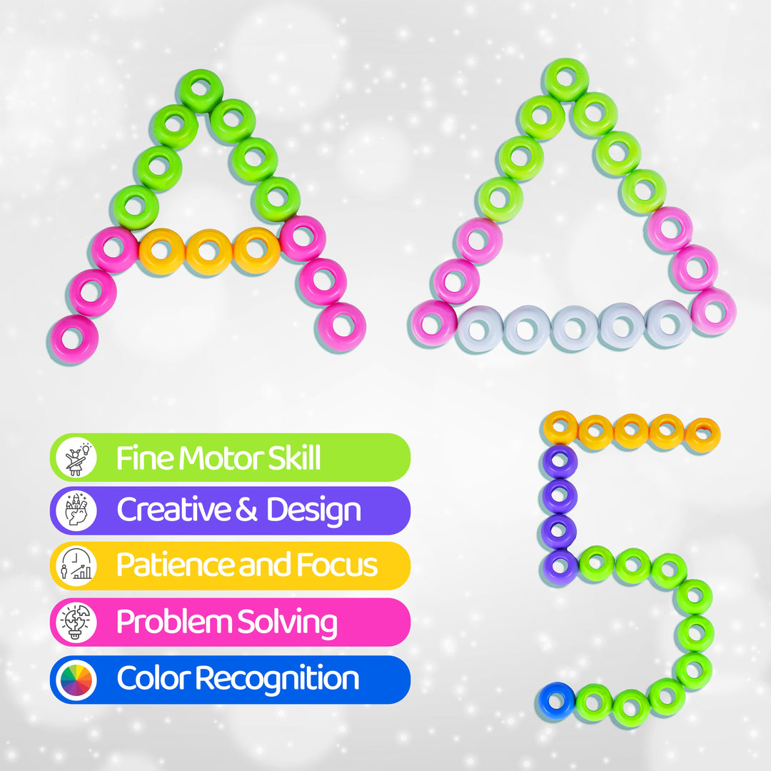 Colorful geometric shapes made from interlocking rings with educational benefits listed below on a light gray background.