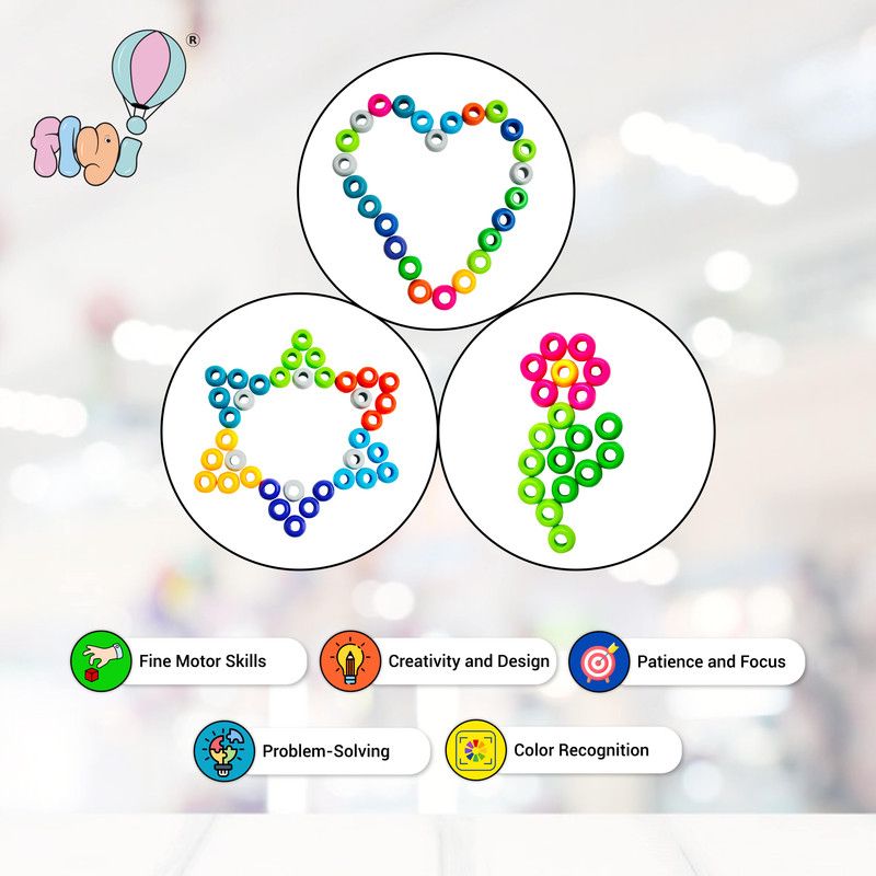A colorful children's bead puzzle toy shown on a soft blurred indoor background. Three circular frames display the beads arranged into a heart, a flower, and a star-like shape.