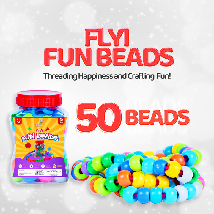 Jar of Flyi Fun Beads with a bracelet made from the beads on a light gray background.
