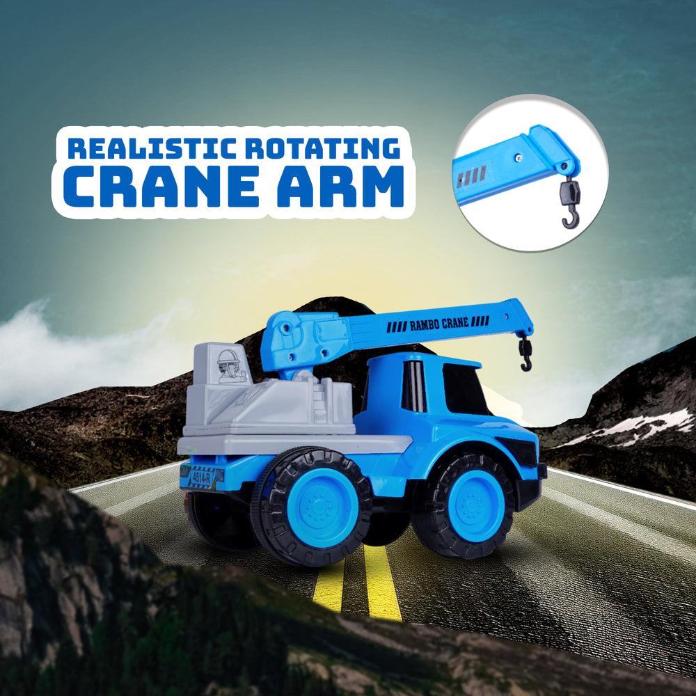 FLYI toy crane truck with realistic rotating crane arm on a road with mountainous background