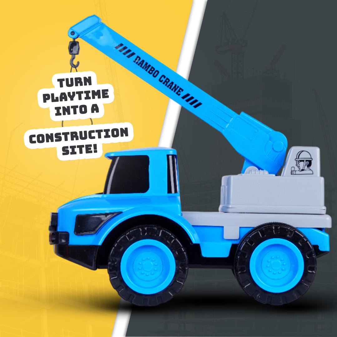 FLYI toy crane truck with blue arm on a yellow and black background