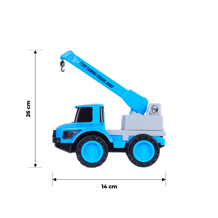 FLYI toy crane truck with dimensions on a white background