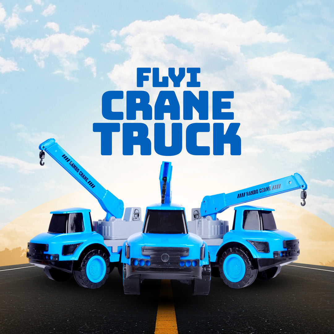 Toy crane truck with 'FLYI Crane Truck' text against a blue sky background. Crane truck realistic construction an activity toys from FLYI toys, Coimbatore.