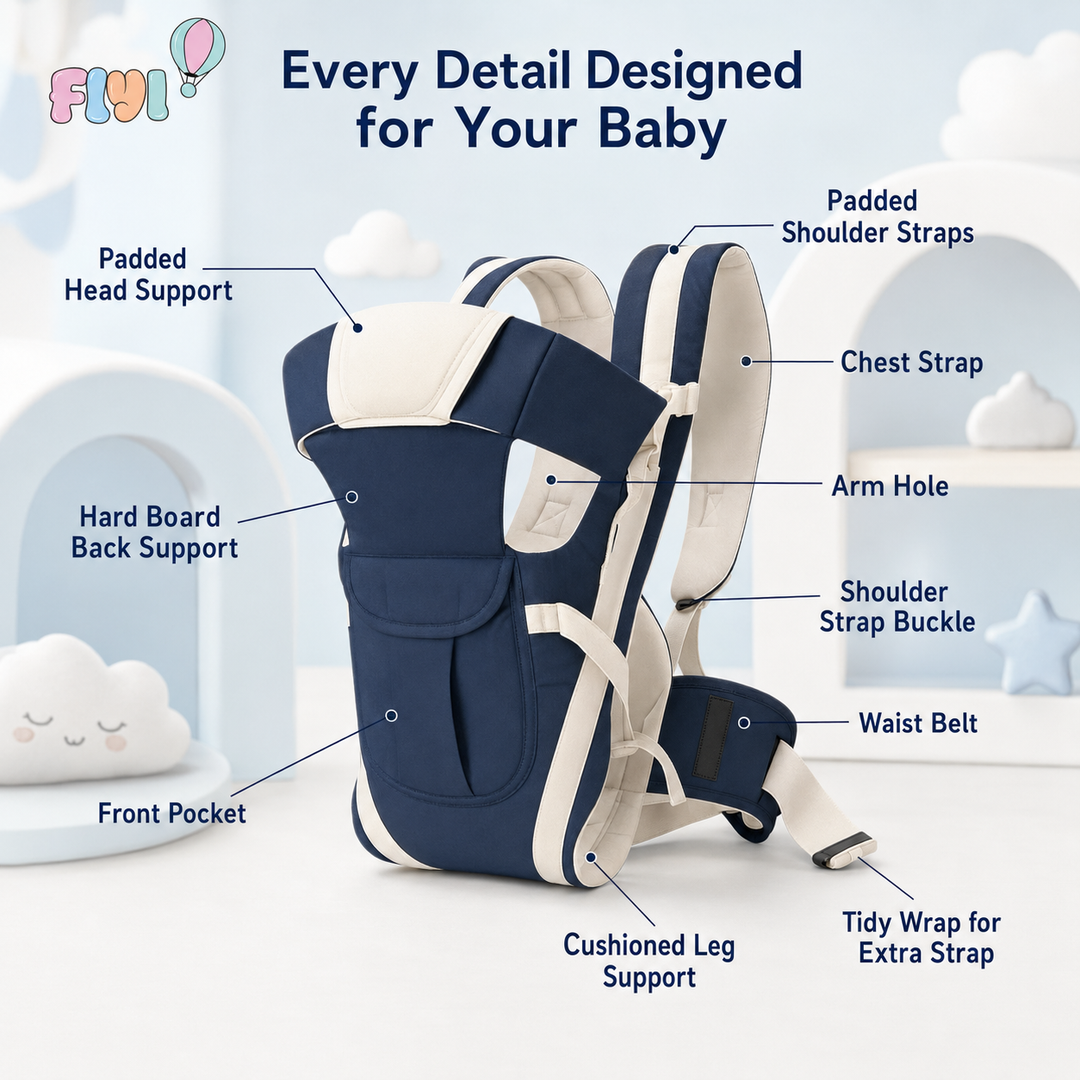 A navy and cream baby carrier with multiple labeled callouts explaining its features, such as padded shoulder straps, chest strap, arm hole, waist belt, and front pocket, on a soft pastel studio background.