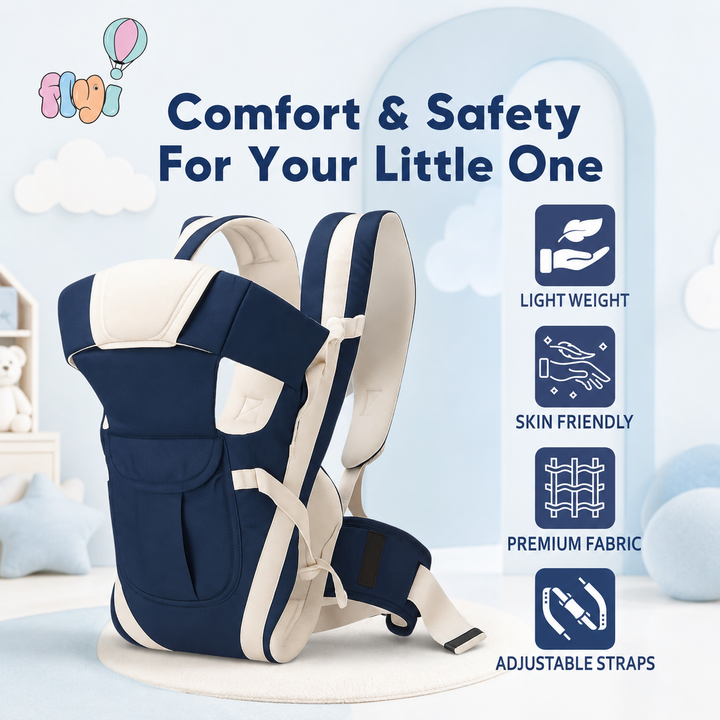A navy blue and cream baby carrier backpack shown on a light blue studio background with promotional text and feature icons. The text reads 'Comfort & Safety For Your Little One' and lists benefits: light weight, skin friendly, premium fabric, and adjustable straps.