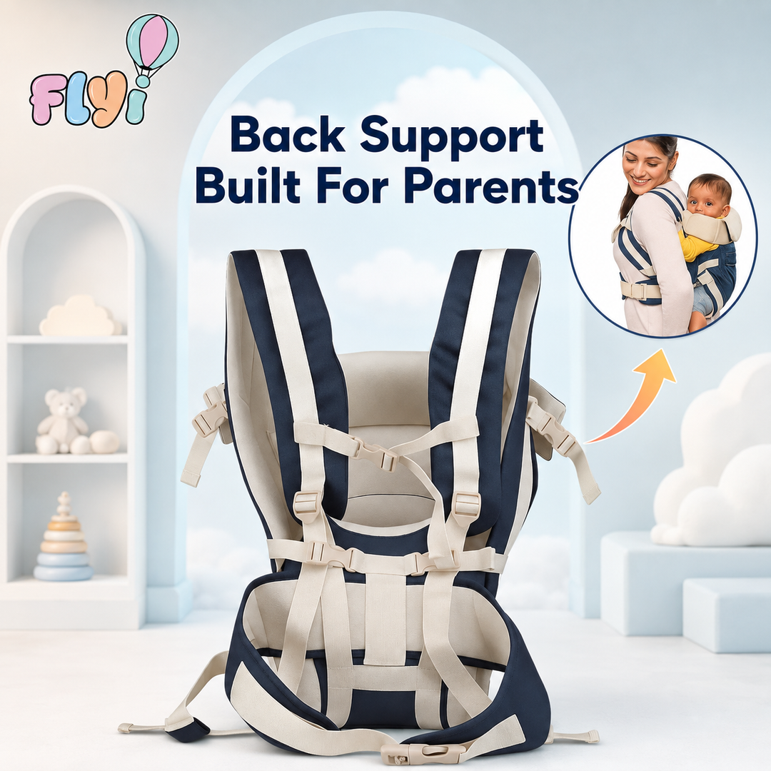 A baby carrier backpack shown from the back, featuring navy blue and beige straps and padding. The image includes the text 'Back Support Built For Parents' and a circular inset showing a woman wearing the carrier with a baby, set against a soft, light blue nursery-like background.